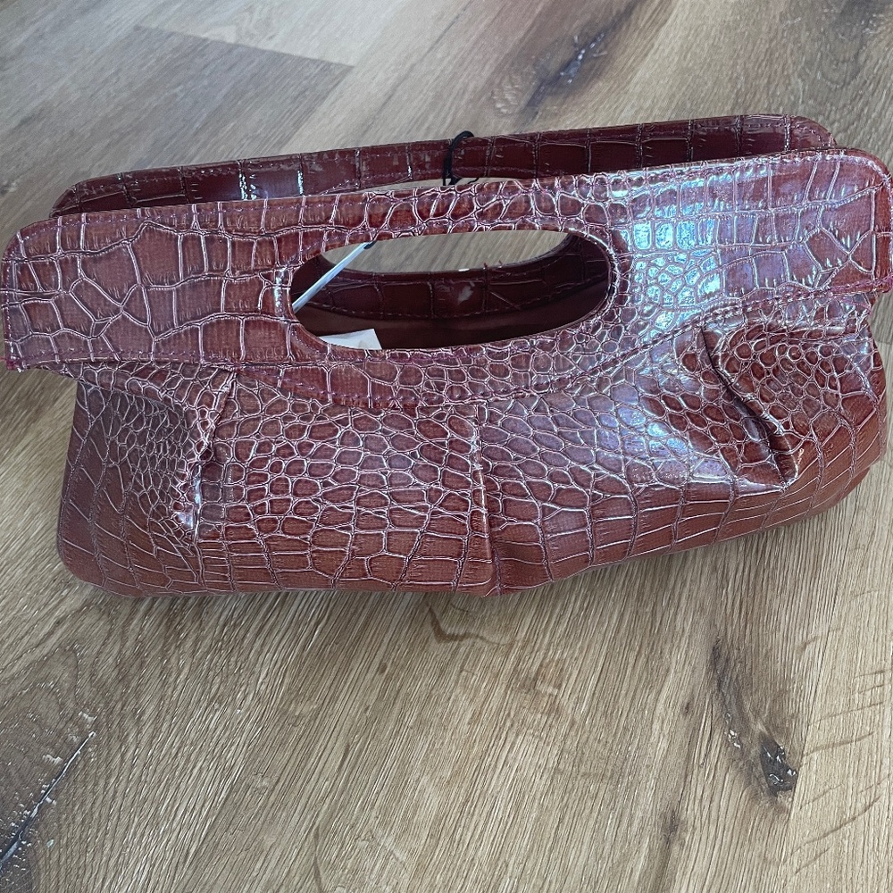 B. Bag, Maroon Patent Stamped Faux Snakeskin Handle Clutch Handbag Purse